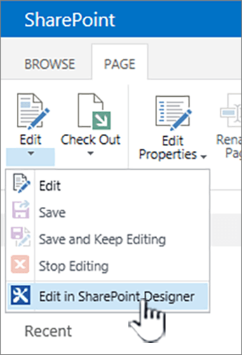 SharePointi Designer valimine menüüs Redigeeri