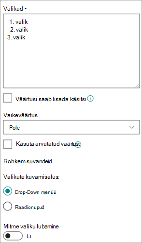Valikuveergude suvandid uudses kasutuskogemuses