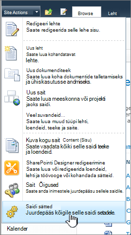 Menüü Saiditoimingud valik Saidi sätted