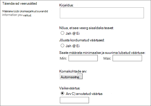 Arvandmetega veeru valikud