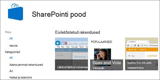 SharePointi poe rakenduse valiku vaade