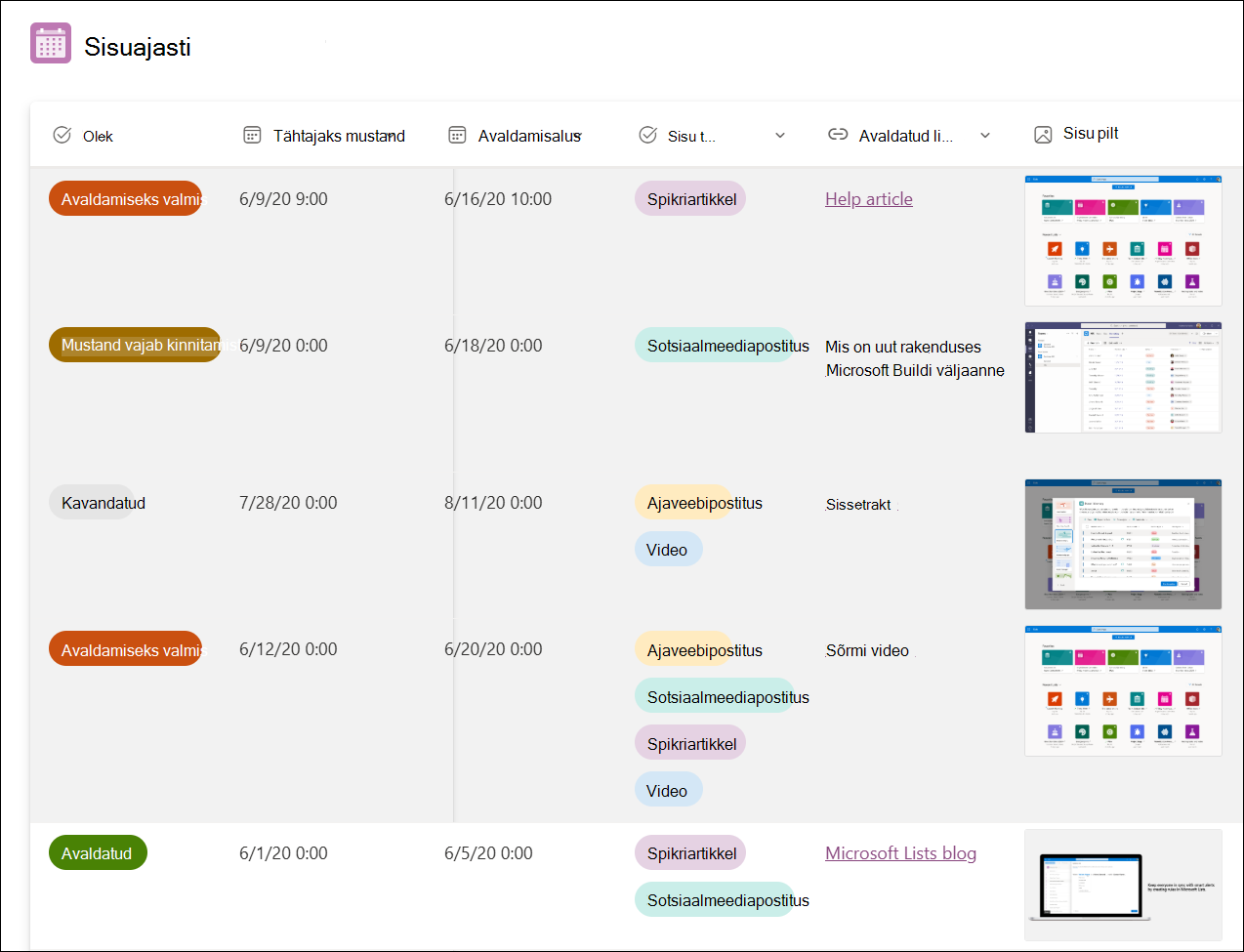 Screenshot of Template of content scheduler sample