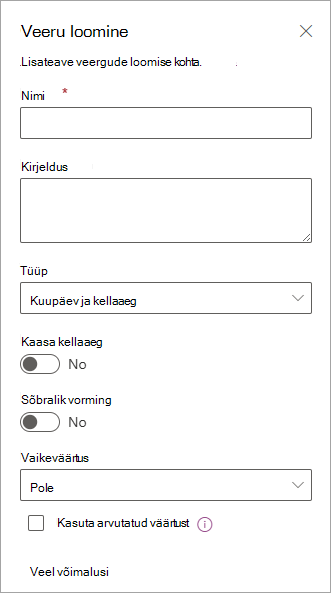 Kuvatõmmis veerupaani loomisest, mida saate kasutada loenditesse veergude lisamiseks.