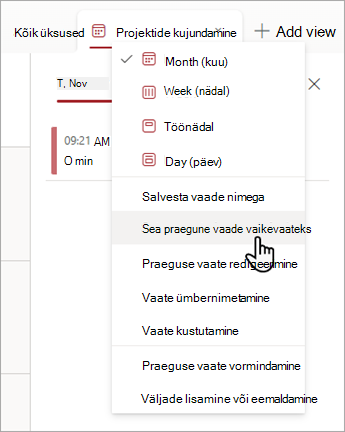 Kuvatõmmis, mis näitab, kuidas valida loendites käsk Määra praegune vaade vaikekäsuks.