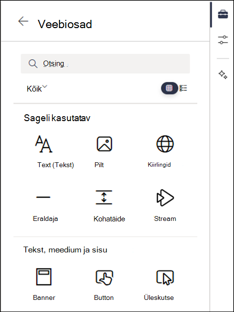 Tööriistakasti 2. tasemel loetletud veebiosad
