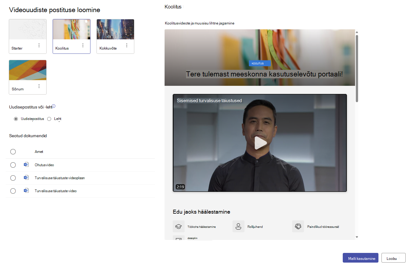 Stream Web Appi põhjal loodud videolehtede mallivalija