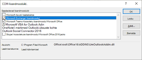 Outlook com-i lisandmooduli aken on avatud.