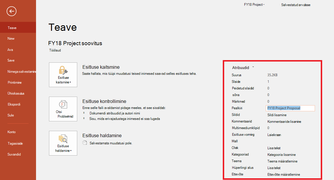 Office'i dokumendi atribuudid – fail > Teabepaneel