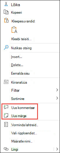 Pilt Excelsi paremklõpsuga avatavast kontekstimenüüst