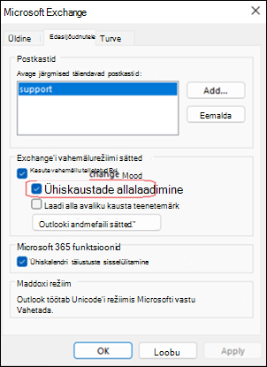 Outlooki ühiskaustade allalaadimise näide