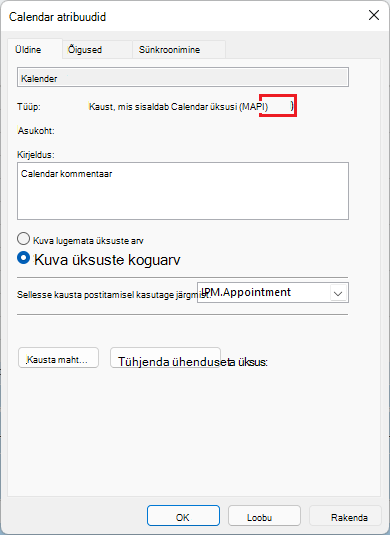 Pildil kuvatakse Outlooki koosoleku atribuutide aken, kus p i on punase ringiga ringis.