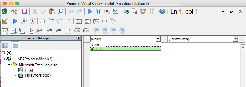 VBE Editor showing object selection dropdown list