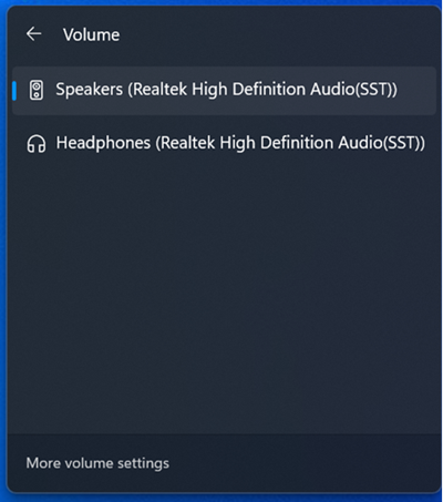 Windows 11 süsteemisalve heliväljundiselektor.