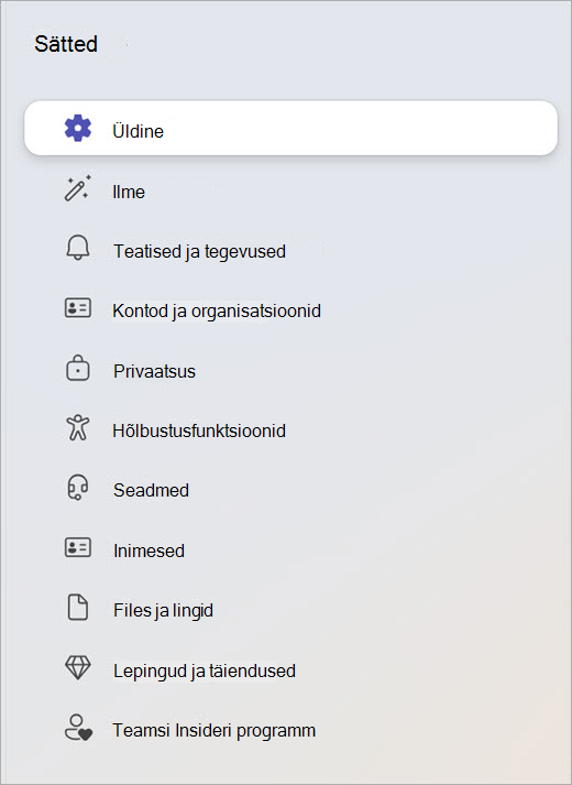Kuvatõmmis sätete paneelist, kus on kuvatud kategooriad Üldine, Privaatsus ja Seadmed.