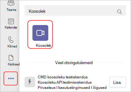 Kuvatõmmis Rakenduse Meet lisamisest Teamsi.