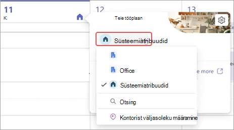 Kuvatõmmis Teamsi kalendri tööplaani rippmenüüst.