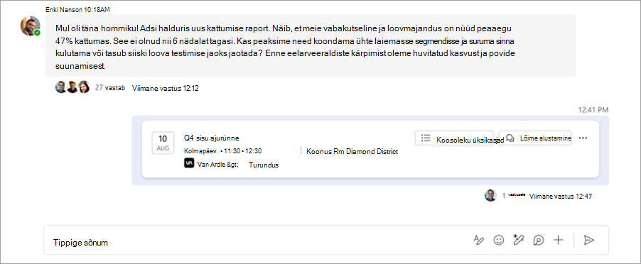 Kuvatõmmis Microsoft Teamsi kanali vestluslõimest.