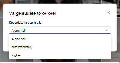 Kuvatõmmis, millel on kujutatud Microsoft Teamsi tõlkekeele valimise rippmenüü.