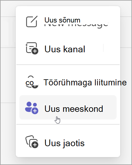 Kuvatõmmis uue töörühma loomise suvandist. See kuvatakse pärast uute üksuste suvandi valimist.