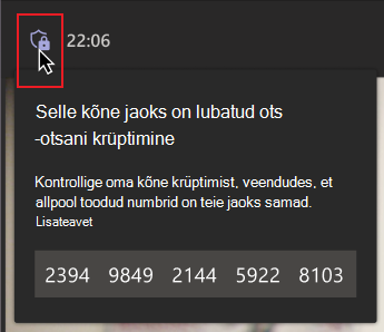 Hiir hõljub krüptokaitse ikooni kohal. Numbrirühmaga sõnumis näidatakse, et isik peab kontrollima, kas numbrid ühtivad teiste kõnes olevate inimestega, veendumaks, et nad on läbinud krüptitud lõpukõne.