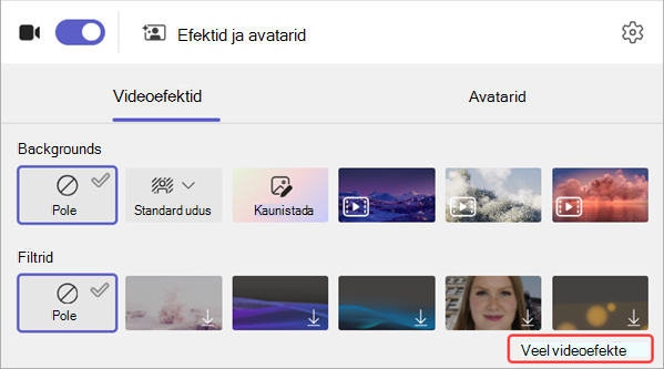 Videofiltri suvandite kuvatõmmis