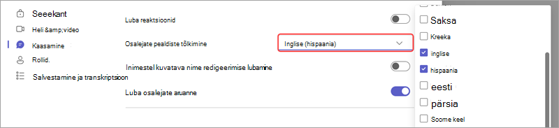 Meeting option showing how to add languages for live translated captions in an event.