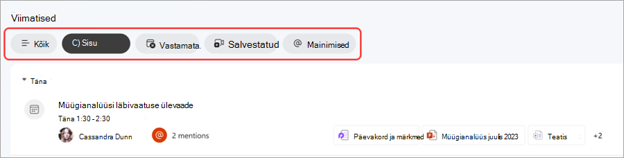 Teamsi koosoleku jaotise Viimatised vahekaartide kuvatõmmis