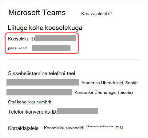 Kuvatõmmis, kus on näha koosolekukutse ID ja pääsukood.