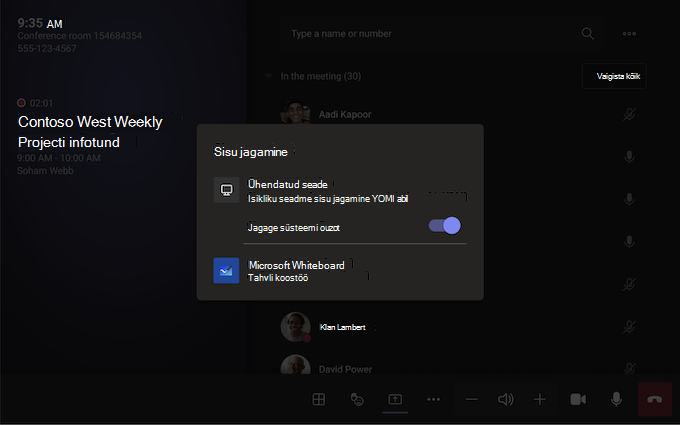 Teamsi ruum Androidi ekraanil, kus on kuvatud suvand Tahvel