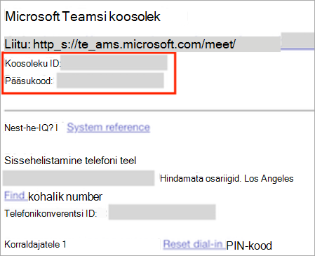 Kuvatõmmis, millel on kujutatud uus Teamsi koosolekukutse, kus on esile tõstetud koosoleku ID ja pääsukood.