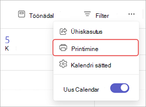 Kuvatõmmis, kus on esile tõstetud Teamsi kalendri suvand Prindi.
