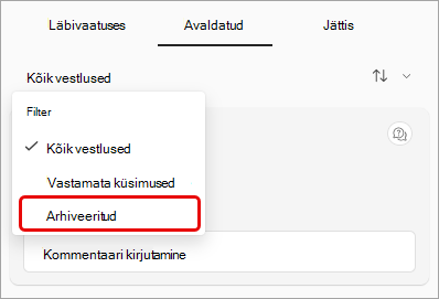 Kuvatõmmis K&filtri rippmenüüst, kus on esile tõstetud arhiivitud.