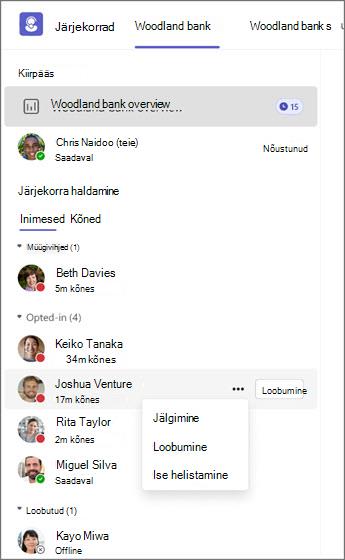 Järjekorrahaldussüsteem, mis näitab agendi olekuid ja suvandeid jälgimiseks, loobumiseks või helistamiseks.