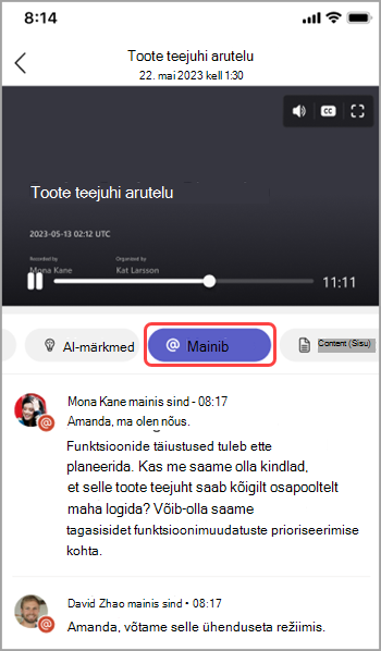 Teamsi koosoleku kokkukutsumises nime mainimiste vaatamine.