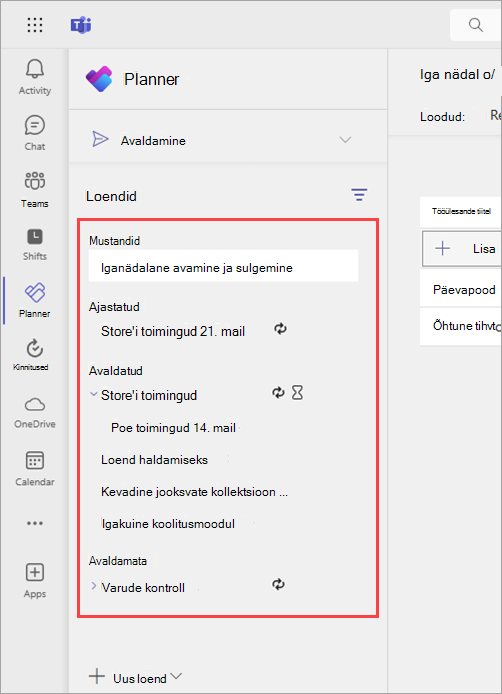 Kuvatõmmis Planneri rakenduse avaldamislehe jaotistest Mustandid, Ajastatud, Avaldatud ja Avaldamata.