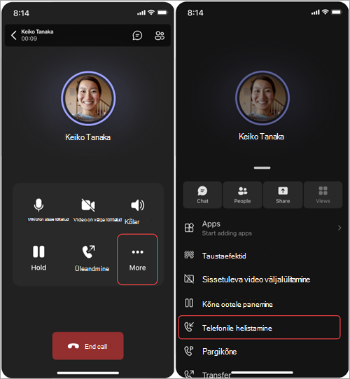 Kuvatõmmis, millel on kujutatud juhised kõnede teisaldamiseks Teams Phone Mobile'ist mobiiltelefoni