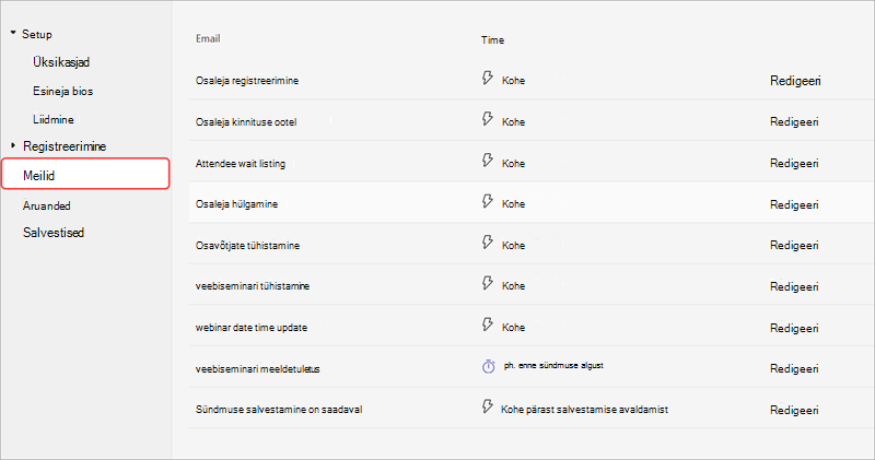 Screenshot of communications tab in webinar setup options, showing webinar emails