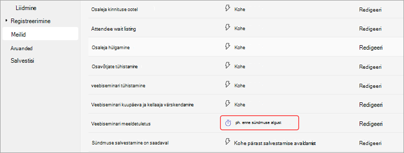 Kuvatõmmis veebiseminari meeldetuletusmeilide saatmise aja redigeerimisest