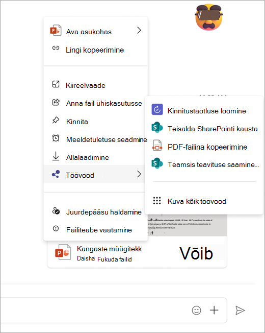 Screenshot showing the workflow menu open from a shared file