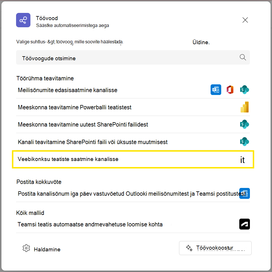 Workflows app in channel view