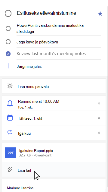 Esitluse ettevalmistamistoimingu üksikasjavaade, millele on manustatud igakuine Report.pptx ja valitud lisa fail
