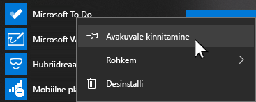 Kontekstimenüü, kus on valitud Microsoft To Do avamine ja Kinnita avakuvale