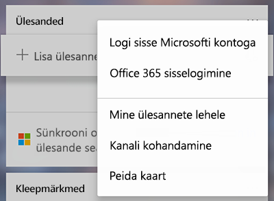 Kuvatõmmis, millel on kujutatud käsk Logi sisse Microsofti kontoga või Office 365 menüüs Veel käske 