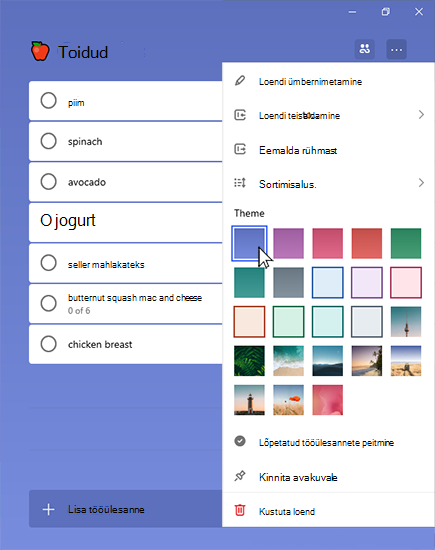 Groceries list with the more menu open and a theme selected