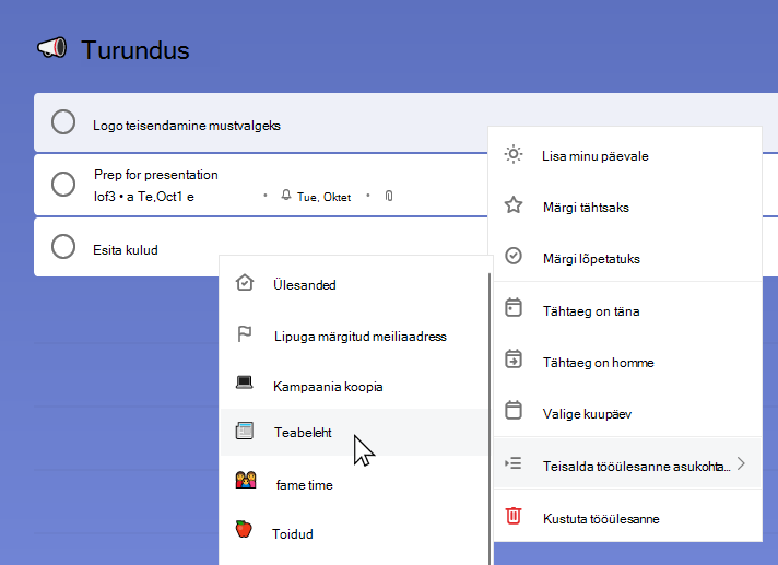 Marketing list with the task Convert logo to black and white selected and the context menu open. Teisalda tööülesanne on valitud ja infoleheloend on valitud.