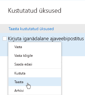 Kuvatõmmis menüüst Taasta kustutatud üksused