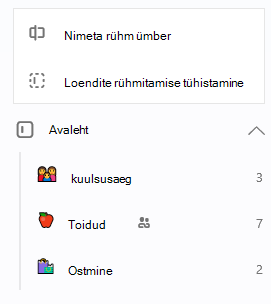 Home group is selected with the option to Rename group or Ungroup lists open