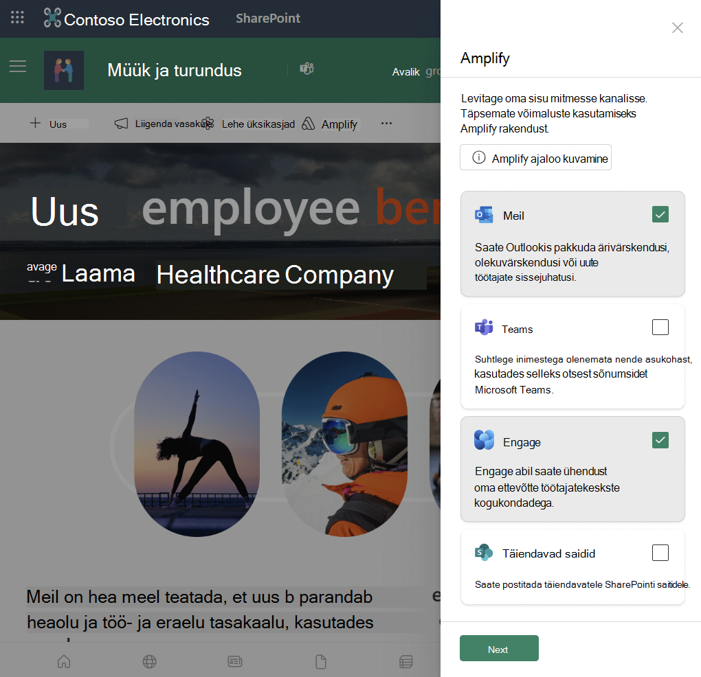 Amplify SharePointi paneelilt, mis on avatud SharePointi uudistepostituses, kus saate võimendada meili, Teamsi, Engage ja lisasaite.