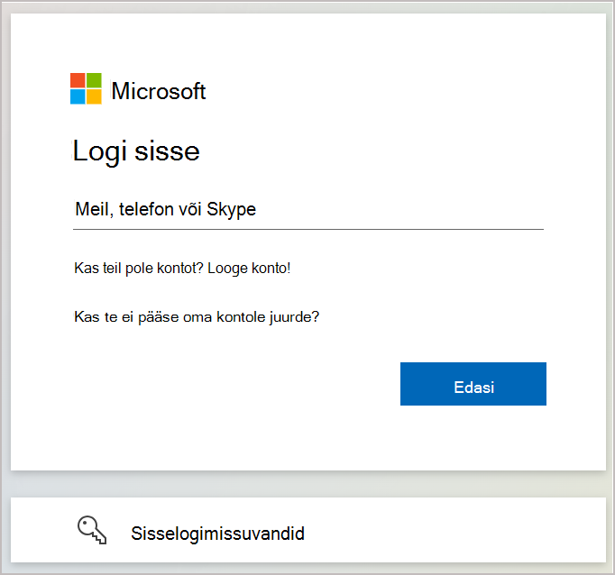 Kuvatõmmis sisselogimisdialoogist, kus saate sisestada oma Microsofti kontoga seotud meiliaadressi või telefoninumbri.