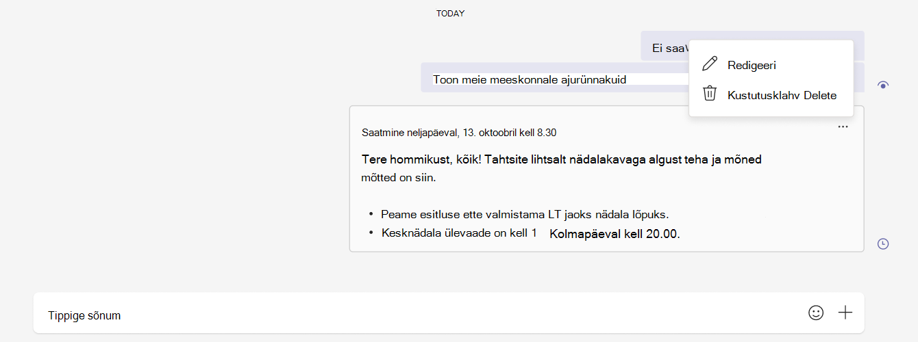 Teamsi vestluse ajastatud sõnumi redigeerimis- ja kustutamissuvandite kuvatõmmis.